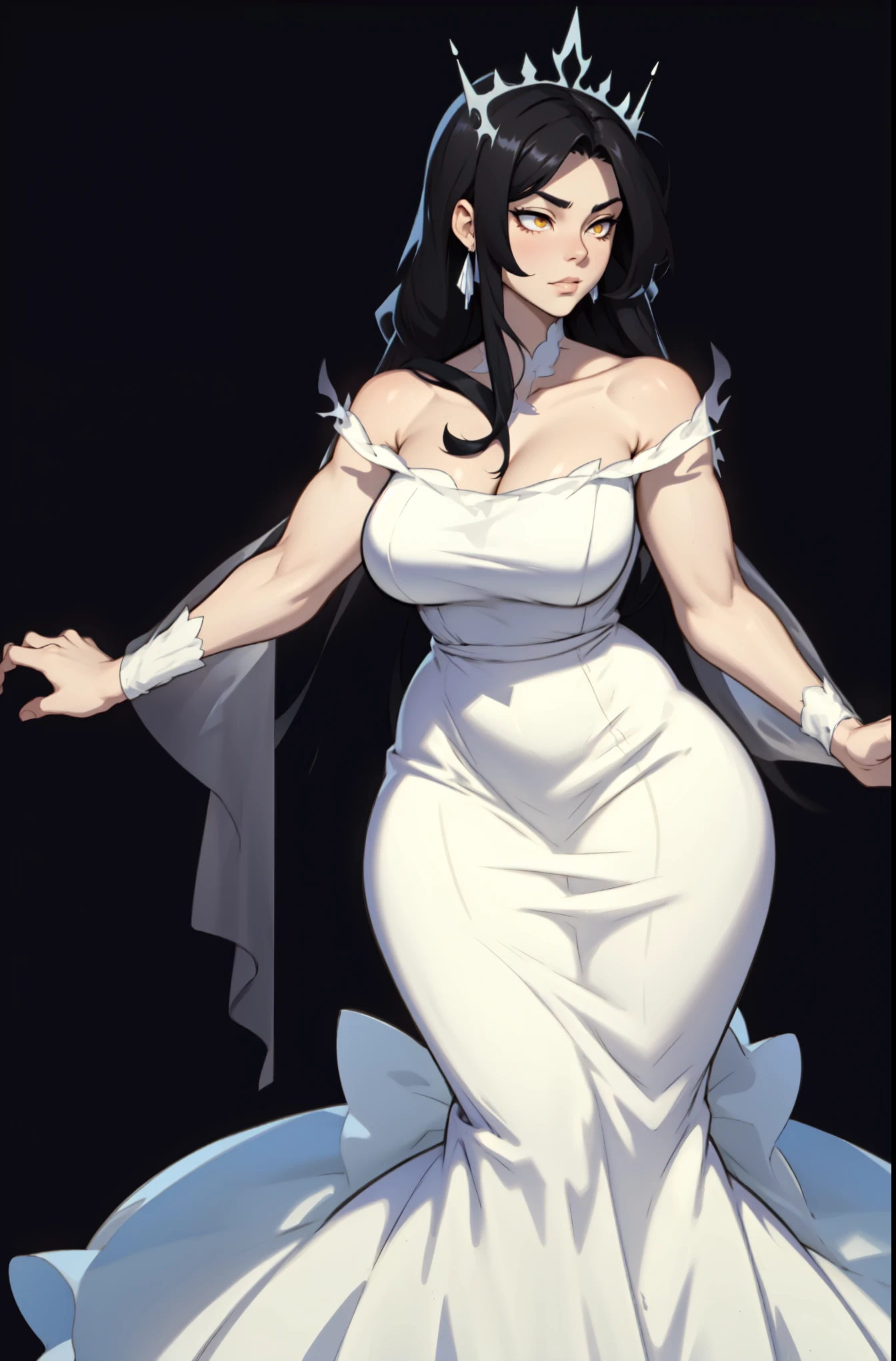 Beautiful girl with long black hair, Black hair embellishment, And lovely features, , Large Breasts, Squint, , Wearing a white shirt, Tight long skirt,Full body standing, Posing with a gentle smile (Hands behind back pose) White background,Visible in right eye,Full body standing