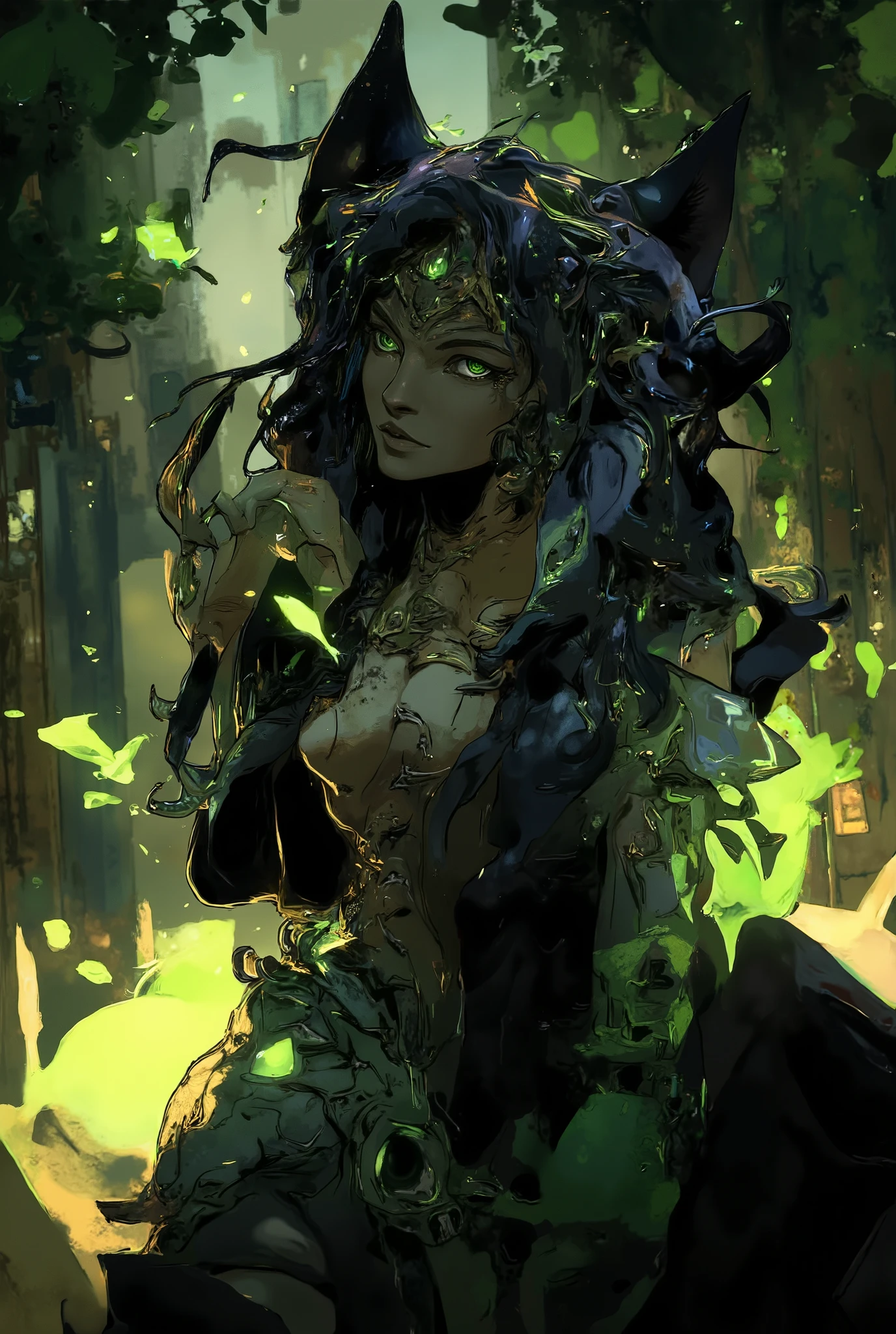 A shapeshifter panther girl with panther ears and tail and claws on her fingers. Big green cat eyes, dark skin, long black hair, toned body with the grace of a predator
