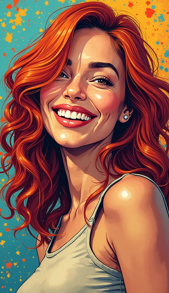 A comic book style illustration of an adult American woman,  with a smile on its face . Half-body image. very colorful and vibrant background.she is redhead