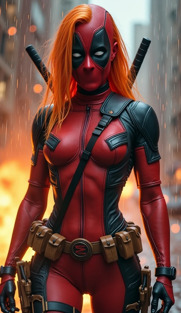 Nipple-to-nipple, nsfw Deadpool female, without mask beautiful face, thick thighs thick chest beautiful edgy sexy and hot face showing a bit of skin for a subtle touch of sexiness. highlighting her figure, adding an intense and dramatic effect. His face should be unmasked, with intense eyes glowing with power, giving him a mysterious and edgy look. Surround him with swirling energy The overall tone should be intense and dynamic, with a focus on power and sex appeal, but without crossing into overtly suggestive content