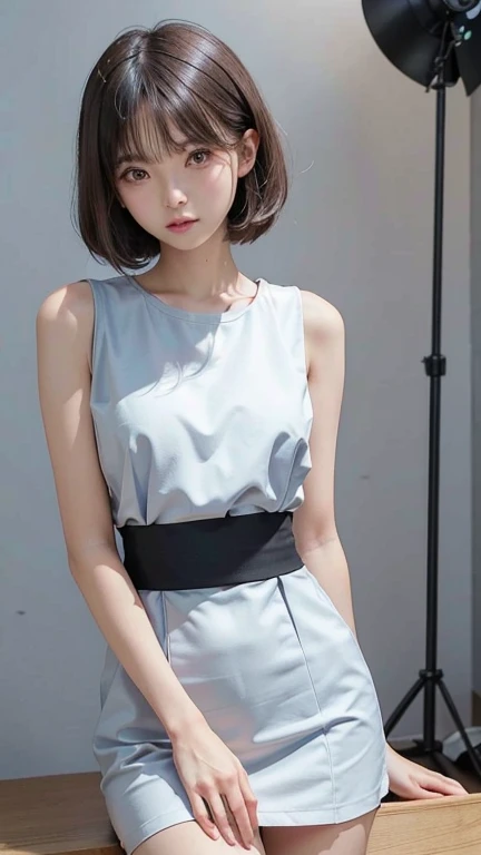 8k, High resolution, High resolution, RAW Photos, masterpiece, Highest quality, Sharp focus, Hyper Detail, In detail, Walking towards here、Front view、A photo showing your thighs to your head、 One Japanese woman、28-year-old housewife、Transparent throughout makeup, Plain T-shirt、A grey maxi-length tight knit dress、belt、Small breasts、Detailed eyes、Symmetrical eyes、Beautiful Eyes、Her hairstyle is light brown bob hair.、The background is a back alley、