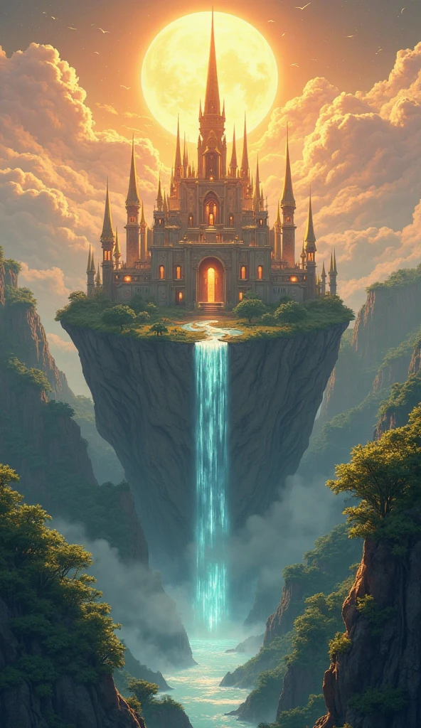 Prompt visual:

A majestic ancient fantasy kingdom built atop floating islands, golden towers and crystal spires glowing under a warm sun, lush forests below, a grand waterfall flowing from the edge into the sky, divine energy flowing through runes in the architecture, peaceful atmosphere, anime cinematic style, high detail, wide aerial shot
