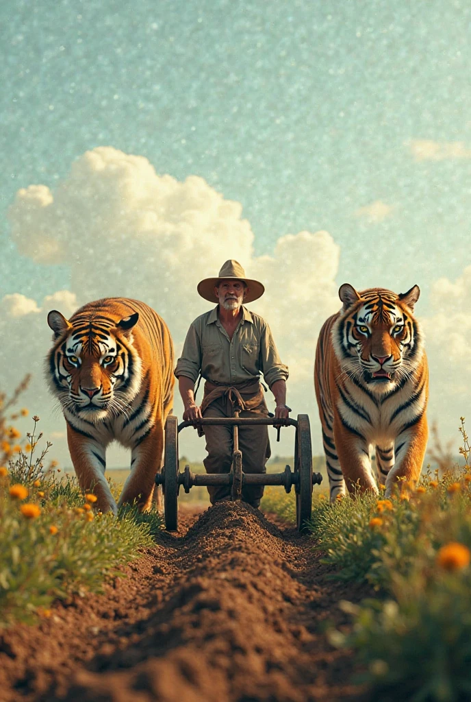 বড় একটা মাঠে বড় বড় দুইটি বাঘ দিয়ে একজন কৃষক জমিতে হাল দিচ্ছে এমন একটা ছবি বানায় দেন 