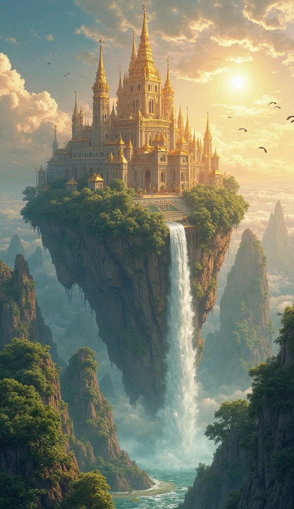 Prompt visual:

A majestic ancient fantasy kingdom built atop floating islands, golden towers and crystal spires glowing under a warm sun, lush forests below, a grand waterfall flowing from the edge into the sky, divine energy flowing through runes in the architecture, peaceful atmosphere, anime cinematic style, high detail, wide aerial shot
