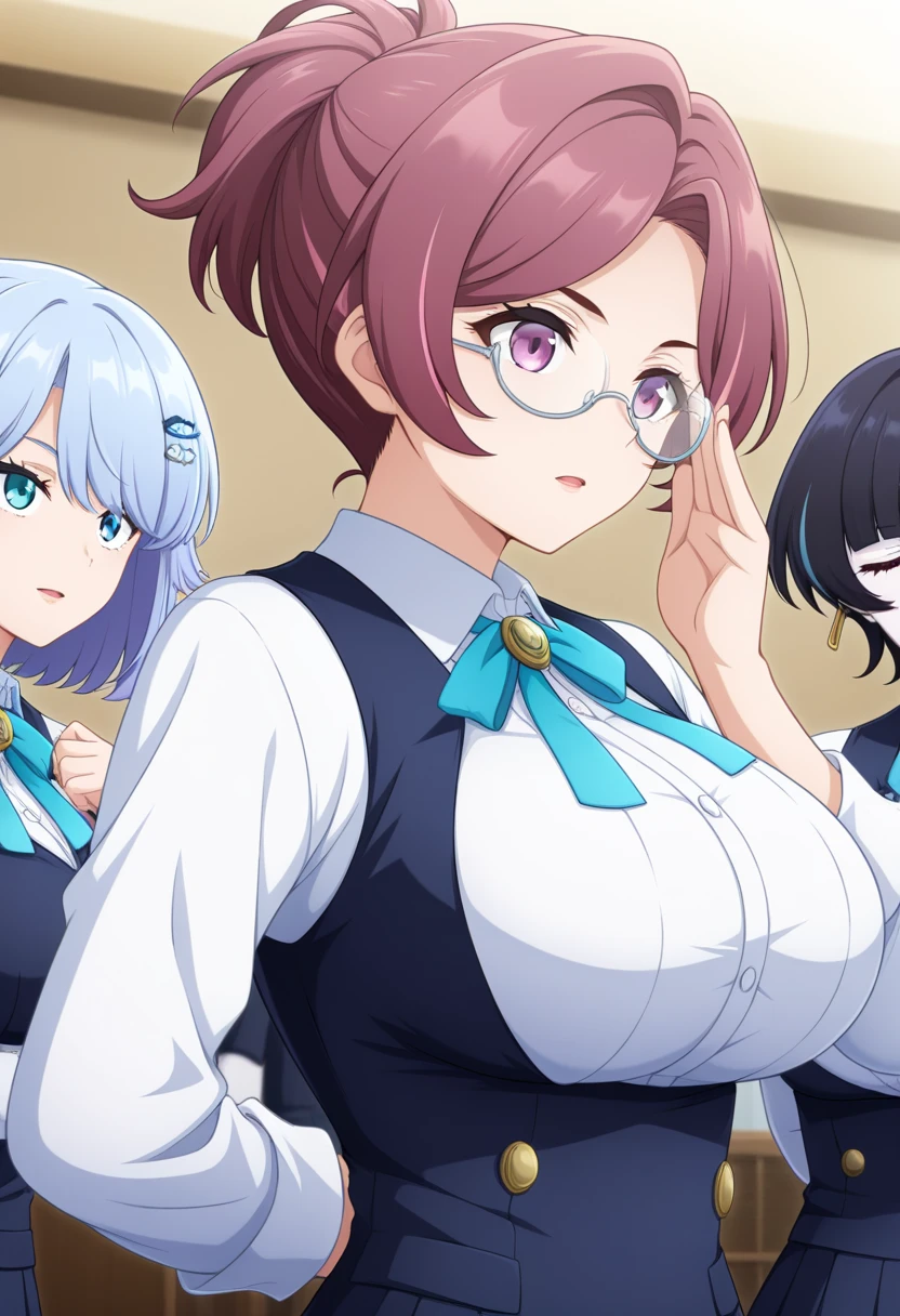 one sexy blue hair anime girl sit and studying, big breasts cleavage, night outside