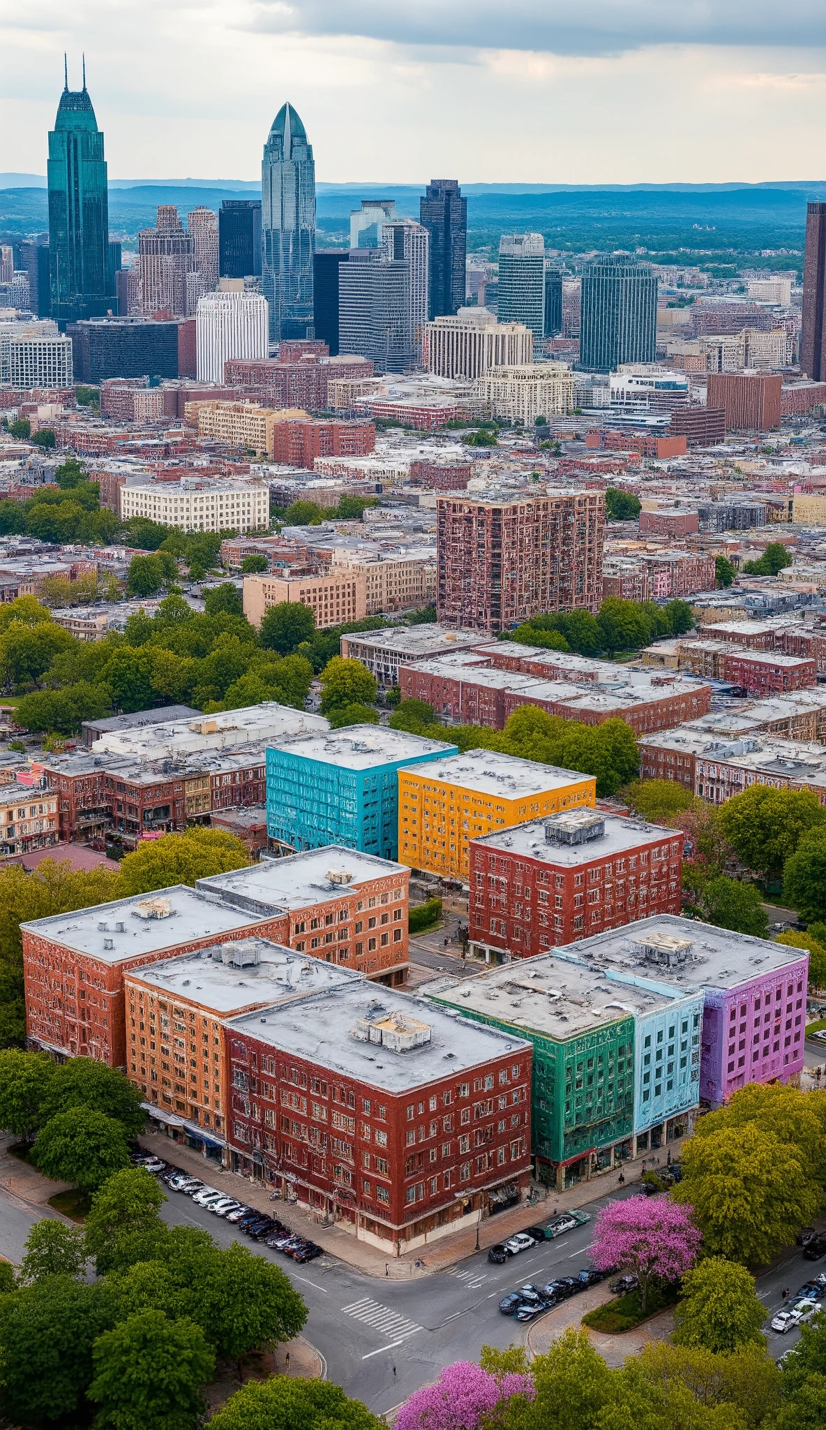 in a high-definition image with a helicopter、Colorful Skyscrapers in Charlotte, North Carolina、Streetscape with colorful buildings、A cityscape in the season of flowers、Hi-def stills、Aerial photography、Looking at the center of the city from an angle。