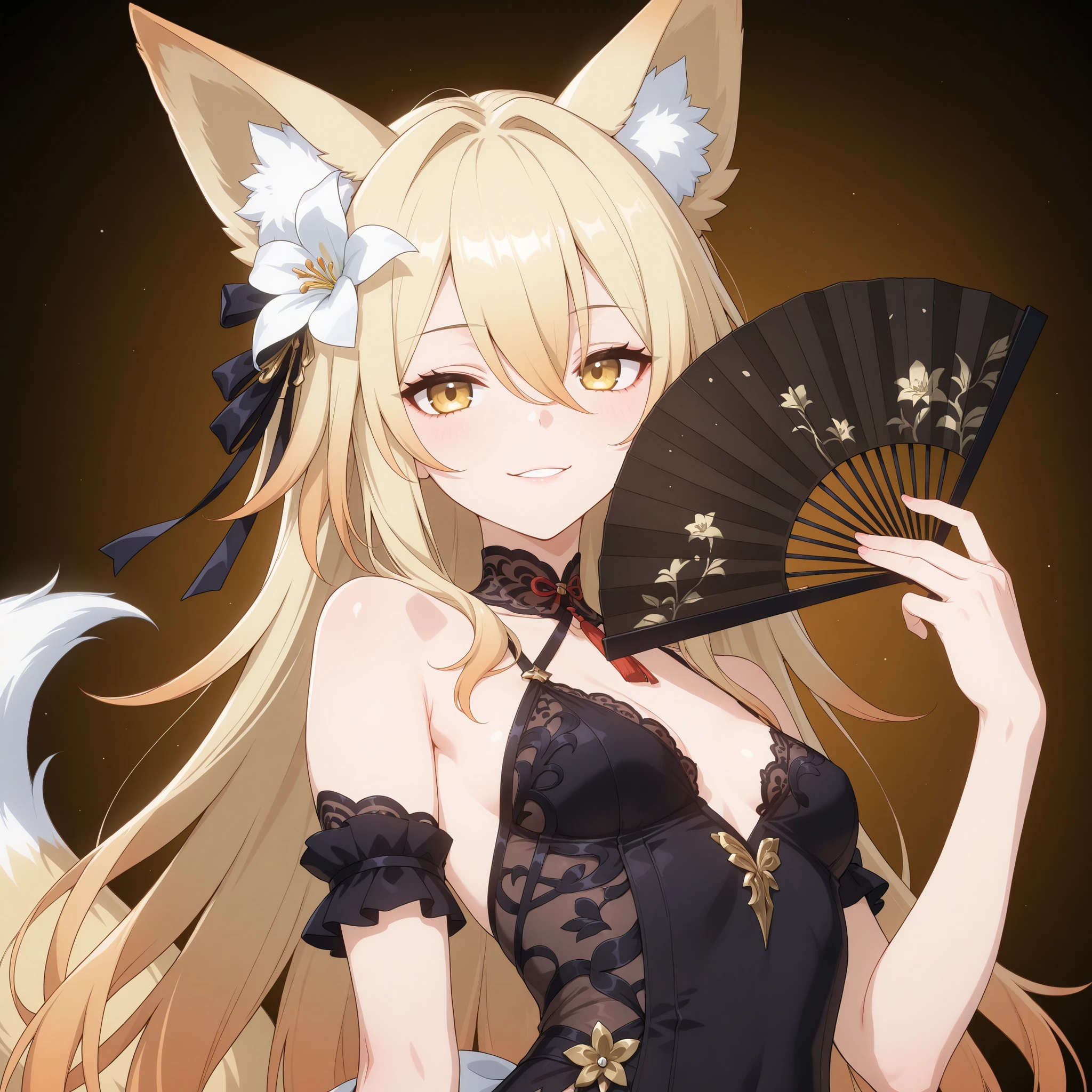 Fox girl, light-blonde, Renard, Fox tail, collar, Beautiful, Long Hair, Rosy gradient on hair, Golden Eyes with purple shade, small breasts, garter, black lace dress, cheeky, hair ribbon, white lily on hair, alluring, teasing,, playful, sexy, cunning, sly, holdin an open fan in front of face, folding fan, face behind fan, focus on the face, close up on the face