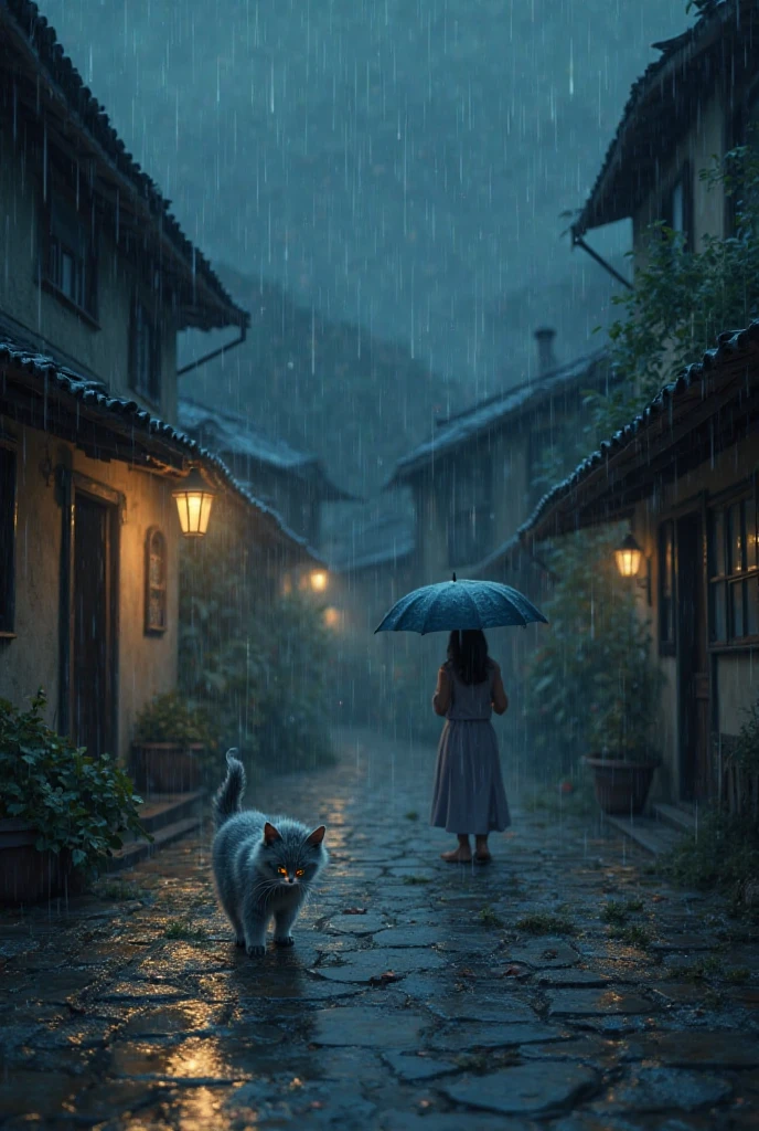 A stormy night with heavy rain pouring over a village courtyard. A small, silver-furred kitten with glowing eyes is shivering in the rain. A  in a nightdress runs out with an umbrella to rescue it."