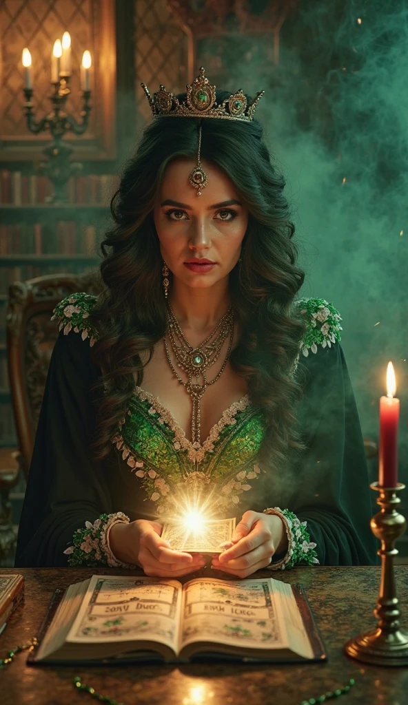 [INT. AN OLD PARLOR – NIGHT]

SOUND: The soft crackle of burning candles. A faint, eerie breeze brushes against tall arched windows.

CAMERA: A slow tracking shot glides across the room — richly decorated with ancient books, gothic furniture, and golden candleholders. Wisps of mystical smoke drift through the air, wrapping the scene in a veil of mystery.

NARRATOR (V.O., deep and enigmatic):
"In a world where fate is not chosen, but uncovered… one woman holds the key to all that is hidden."

CUT TO:

CLOSE-UP of the MYSTERIOUS WOMAN, seated at an ornate wooden table lined with antique tarot-like cards.
She wears a flowing gown in black, green, and white, with vibrant green details that shimmer like enchanted silk. The style evokes the grace and mystery of a Romani seer, noble and otherworldly. A crown rests on her head, and her jewelry glints like ancient magic in the candlelight.

Her body is fully turned forward, perfectly aligned with the camera, as if placed there for this exact moment in time. She sits with regal posture, facing directly ahead.

The air is dense with smoke, rising and curling around her like enchanted mist.

Her eyes are locked onto the viewer — an intense, unwavering gaze, as though she’s peering through the screen and into the soul. There is no doubt: she is looking at you.

NARRATOR (V.O.):
"She does not predict the future… she reveals what has always been written."

SOUND: A soft metallic chime echoes.

ACTION: She slowly lifts a single card. The moment it rises, a powerful light bursts forth from it, brilliant and blinding — casting golden rays that pierce the smoke and bathe her face in a radiant, supernatural glow.

CLOSE-UP: The card in her hands radiates pure energy. Its glow pulses, alive, ancient, uncontainable.

WIDE SHOT: The room responds — candles shiver, shadows dance on the walls. The green of her gown glows like emerald fire, feeding from the card’s light, growing brighter.

WOMAN (soft, commanding — still facing directly forw