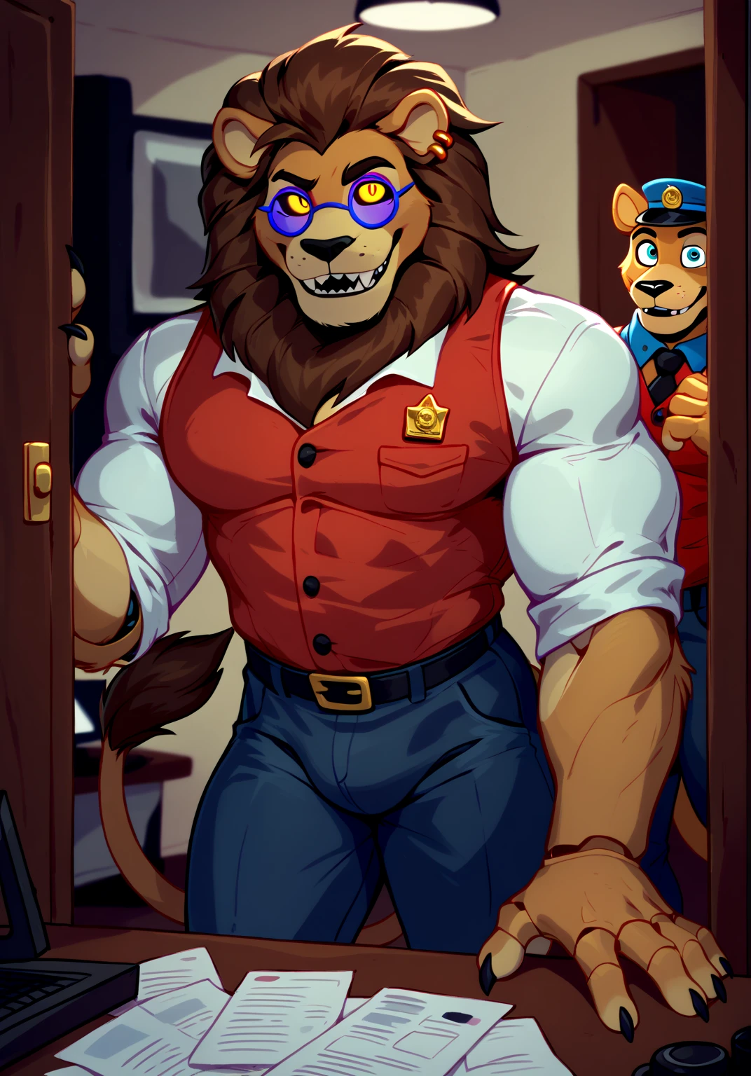 Security officer Dyne is in his office, looking at the many video monitors of Freddy Fazbear's pizzeria. Animatronic Cornelius is sneaking up from behind him!!! BREAK Dyne is a black werewolf furry anthro fazbear security guard. He is smaller than Cornelius. couple, duo, 2 characters.
g score_9, score_8_up, score_7_up, score_6_up, dynamic pose,masterpiece,anthro, (Cornelius, Male, furry, Lion anthro, Medium muscular lion, no mane, brown, light brown lion, feline, long brown pony tail hair, lion ears, wearing tiny gold round glasses, sexy, hands, standing, posing, good , arms, male , perfect , perfect body no defects, hands, 5 fingers, perfect hands, completely perfect body, 4k (Realistic eye details 1.2), fluffy fur, source anime, best quality, anthro, A muscular lion man with a strong build. He has a well-defined jawline and a serious expression. His fur is brown, pony tail long, and he has no mane, Mature male, anthro, feline, animatronic, robot, good drawn sharp teeth, no blur, red body, claws,sharp teeth, gold tooth, gold (metal),shredded ears, animal ears,ear piercing,jewlery, animatronic, robust body, friendly appearance, blue and white metallic fur, red vest, and gold accents, glowing eyes, warm smile, big dumb smile, Highly detailed, white sclera, yellow eyes, male,countershade,fur,white sclera,tall male,hairy male,one hooked hand,muscular male,damaged body,black robotic legs,damaged pec,high angle,close up. Fnaf, Pizzeria security office background. by null-ghost, masterpiece, best quality , furry, wolf, Two tons of fur, ( black fur :0.8), Broad shoulders, Narrow waist, monitors, camera, night, High Quality, Masterpiece, beautiful, s drawings on wall, cupcake on the shelf, guard tools, fan, various small Freddy Fazbear plushies, messy office, open door to pure darkness