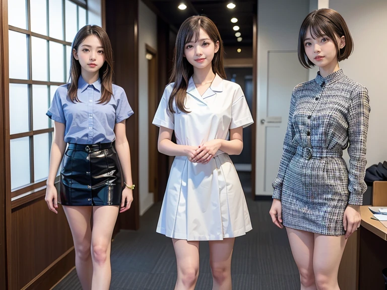 masterpiece, best quality, illustration, Super detailed, fine details, High resolution, 8K,wall paper, perfect dynamic composition,(Details High quality, realistic depiction of eyes:1.3), (3 girls), BREAK (white satin collared-shirt, sleeveless:1.4), ((fitted gray vertical striped pattern tight pencil skirt, vertical striped patterns on pencil skirt, thighs skin):1.3), (high heels:1.2), sitting, open legs, short bob hair, in a hotel room in the background, deep on field, large breasts, black hair color, Big Natural Color Lip, (perfect body shape), crying a little、Harajuku style、20 year old girl、cute type、beautiful legs, Gravure Idol