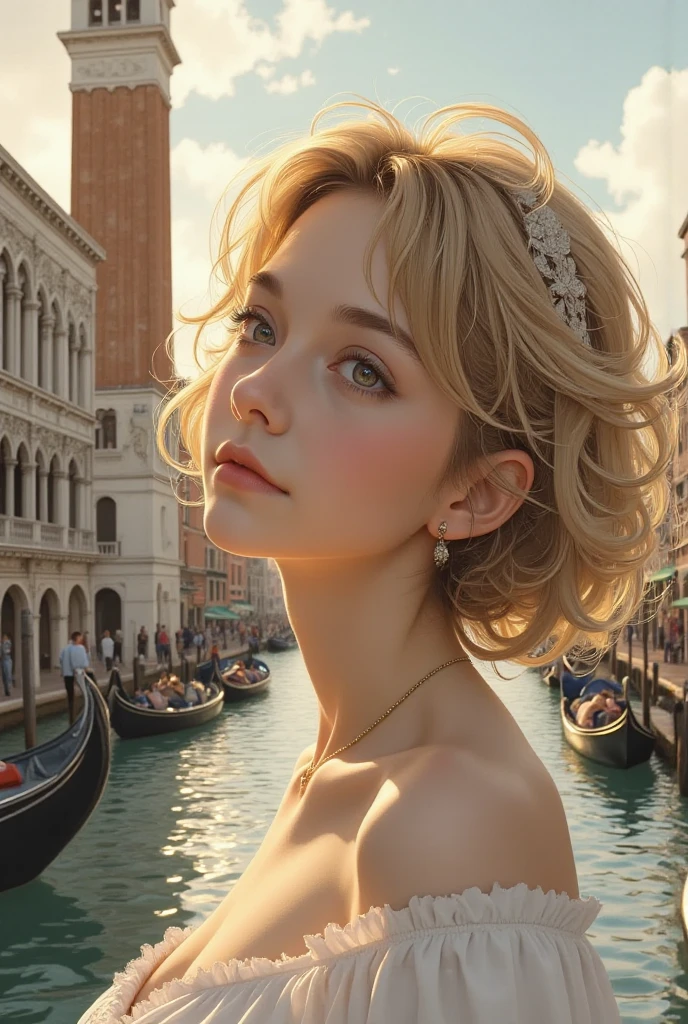 (8k,  top quality,   Masterpiece  ,  Final Fantasy Style: 1.2) Impressionist painting, landscape painting, pointillism, painting influenced by Seurat, Venice, St. Mark's Square, canal, gondola, Venice in fog, thick morning mist, quiet dawn, twilight canal, soft morning sun, beautiful woman smiling with morning sun on her face, with bobbed blond and curly hair