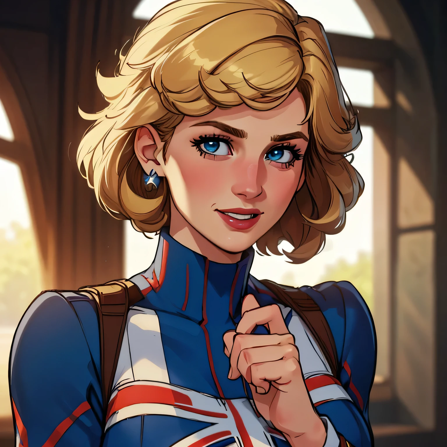 (masterpiece:1.3), (8K, Realistic, RAW Photos, Highest quality: 1.4), (One Girl), Beautiful Face, (Realistic Face), Beautiful Hairstyles, Realistic eyes, Beautiful details, (Realistic Skin), Beautiful Skin, Absurd, charm, Ultra-high resolution, Ultra-realistic, Very detailed, Golden Ratio, (Best Shadow), Cinematic, (Complex:1.4), High Contrast, Side lighting, ((Princess Diana)), (laughing), ((Accurate hands and fingers)), ((captain Britain)), Caucasian female, (Blonde Hair, short hair:1.3), (she have UnionJack costume), (she have UnionJack large round hield), BREAK ((全身を写す))