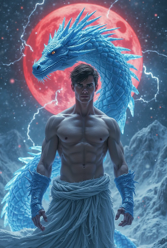 21 years old male top nude white skin brown hair muscular mortal kombat karetker with icy waist wrapped around his body big realistic wild blue big ice dragon is around icy mountain blue lightning red full moon red get a realistic picture front and close up