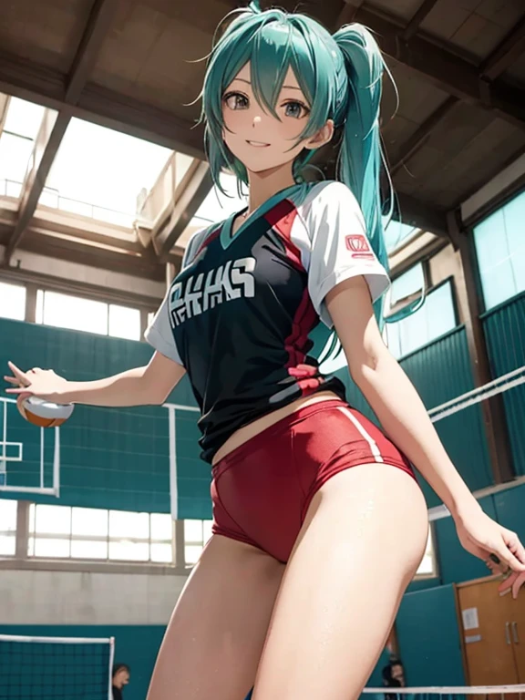 (nsfw:1.5),miku hatsune,Haikyuu,beautiful breasts,1 Lady Solo, /(volleyball uniform/), (Masterpiece of the highest quality:1.2) Very detailed and delicate illustrations, (Indoor volleyball court/),jump high,spike,laughter、show off your chest、huge breasts、dynamic pose、(girl trembling with sexual climax:1.5)、sexual fluid overflowing、vagina、SEX in、strong man