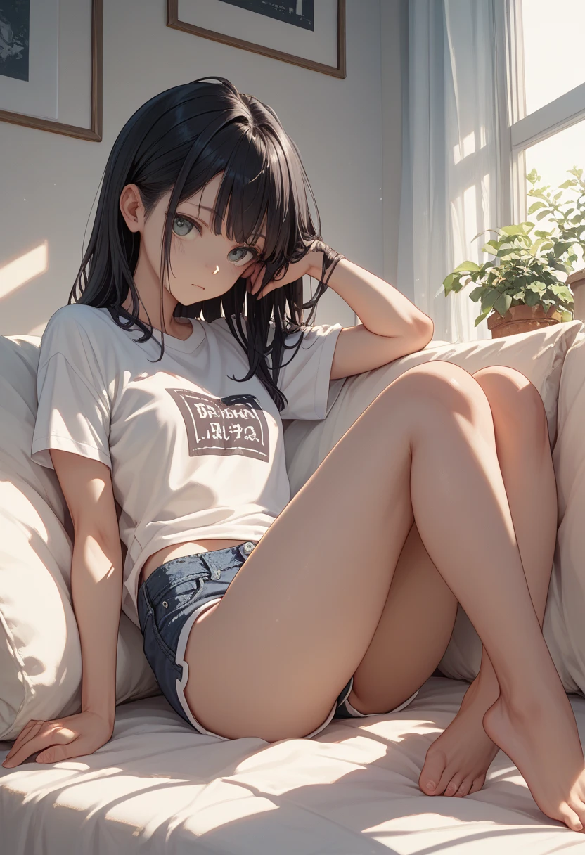 highest quality、All limbs、full finger、1 girl、((one beautiful woman、solo))、black haired woman、Shoulder-length medium hair、straight hair、big breasted woman、big smile、naughty pose、((Black T-shirt))、((Black miniskirt))、barefoot、sexy pose、hands on hips、Living room at home、sofa