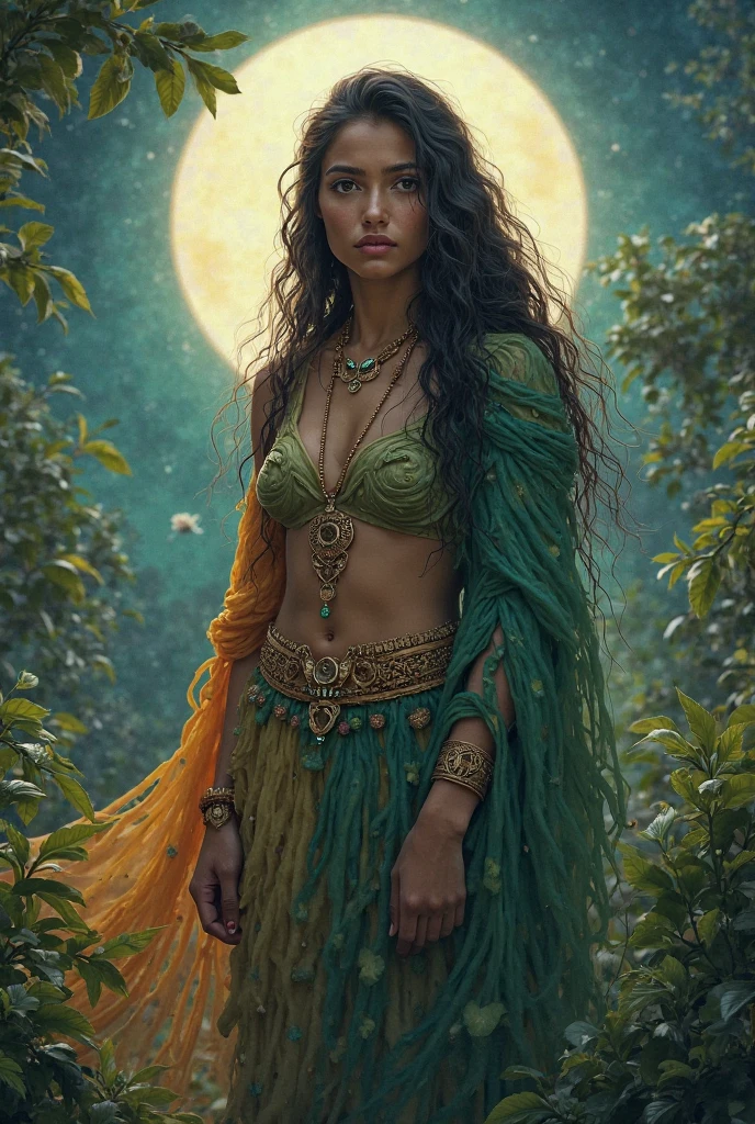 Ixchel — Moon Weaver
A wise young woman who controls natural cycles. She has a mantle made of plant fibers that changes color with her emotions. Her eyes can see the soul of those around her.