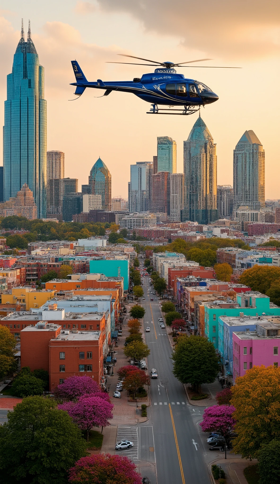 in a high-definition image with a helicopter、Colorful Skyscrapers in Charlotte, North Carolina、Streetscape with colorful buildings、A cityscape in the season of flowers、Hi-def stills、Aerial photography、Looking at the center of the city from an angle。