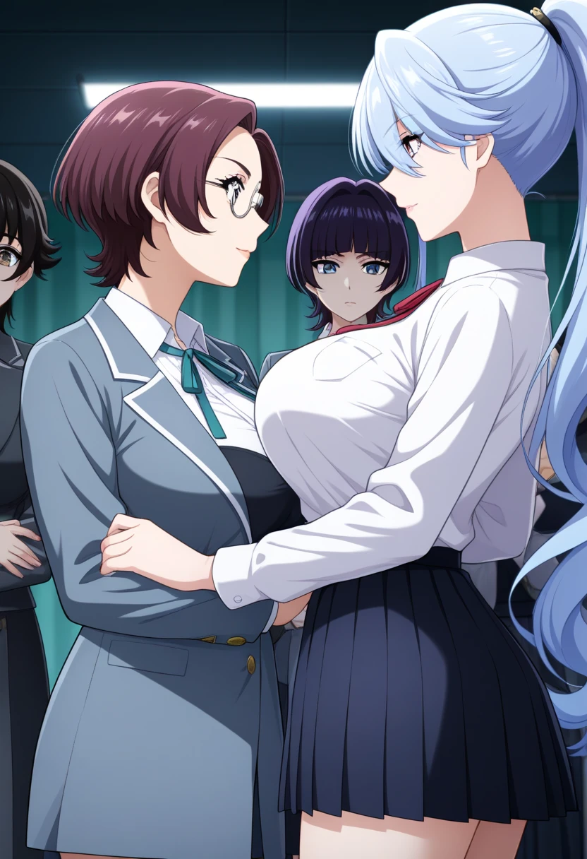 image view: de cima, All together hugging each other looking up in the classroom.
professora: with medium boobs and red hair wearing her teacher uniform.
diretora: naughty girl with medium breasts and blue hair wearing a tight suit. aluna: with glasses a little chubby and with big breasts and blonde hair wearing a school uniform.