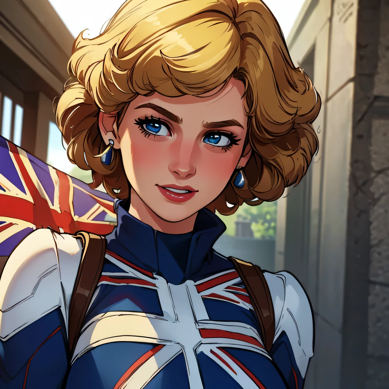 (masterpiece:1.3), (8K, Realistic, RAW Photos, Highest quality: 1.4), (One Girl), Beautiful Face, (Realistic Face), Beautiful Hairstyles, Realistic eyes, Beautiful details, (Realistic Skin), Beautiful Skin, Absurd, charm, Ultra-high resolution, Ultra-realistic, Very detailed, Golden Ratio, (Best Shadow), Cinematic, (Complex:1.4), High Contrast, Side lighting, ((Princess Diana)), (laughing), ((Accurate hands and fingers)), ((captain Britain)), Caucasian female, (Blonde Hair, short hair:1.3), (she have UnionJack costume), (she have UnionJack large round hield), BREAK ((全身を写す))