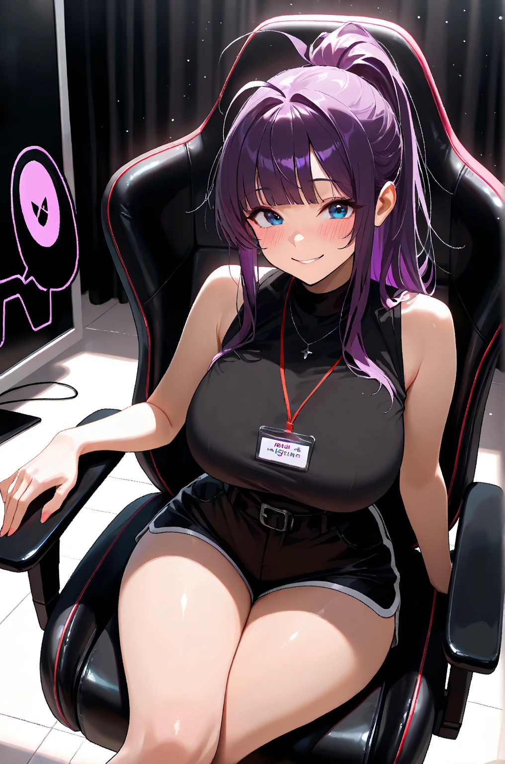 Adult, Female, long Black hair, pink eyes, goth girl, gothic, goth clothing, goth make up, thick thighs, medium chest, annoyed, disgruntled, sitting in gaming chair, gt racing chair, black and white chair, bedroom, gothic bedroom, aesthetic bedroom, Masterpiece, Accurate, Anatomically Correct, Best Quality, High Details, Detail, Super Detailed, Best detail, Perfect detail, Amazing detail, [-3, 3], perfect hands, best hands, best fingers, perfect fingers, perfect body, best body, amazing body, Looking at viewer, front facing, upper body shot,
