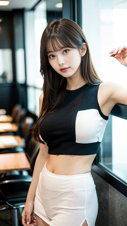 Photorealistic, High resolution, Soft light,1womanl, Solo, hips up high, (Detailed face),The tattoo, Jewelry, Current School Classrooms,On the podium,Wear a uniform、(Black flared skirt),Bigchest,low chest, Long hair、((poneyTail))、((up skirt))、((mix4))、((appearance々color panty abe々Colored hair))