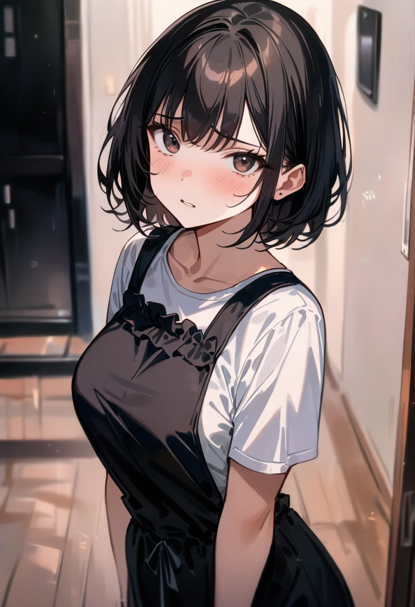 (best quality, highres, ultra-detailed), realistic, HDR, vivid colors, studio lighting, physically-based rendering, extreme detail description, 10-year-old girl with freckles on her cheeks, short brown hair, yellow eyes, lovely face, blushing and shy, uncomfortable smile, tender atmosphere, soft and gentle lighting With a black dog collar, (nsfw, ecchi), justo habe a black shirt showing his vagina
