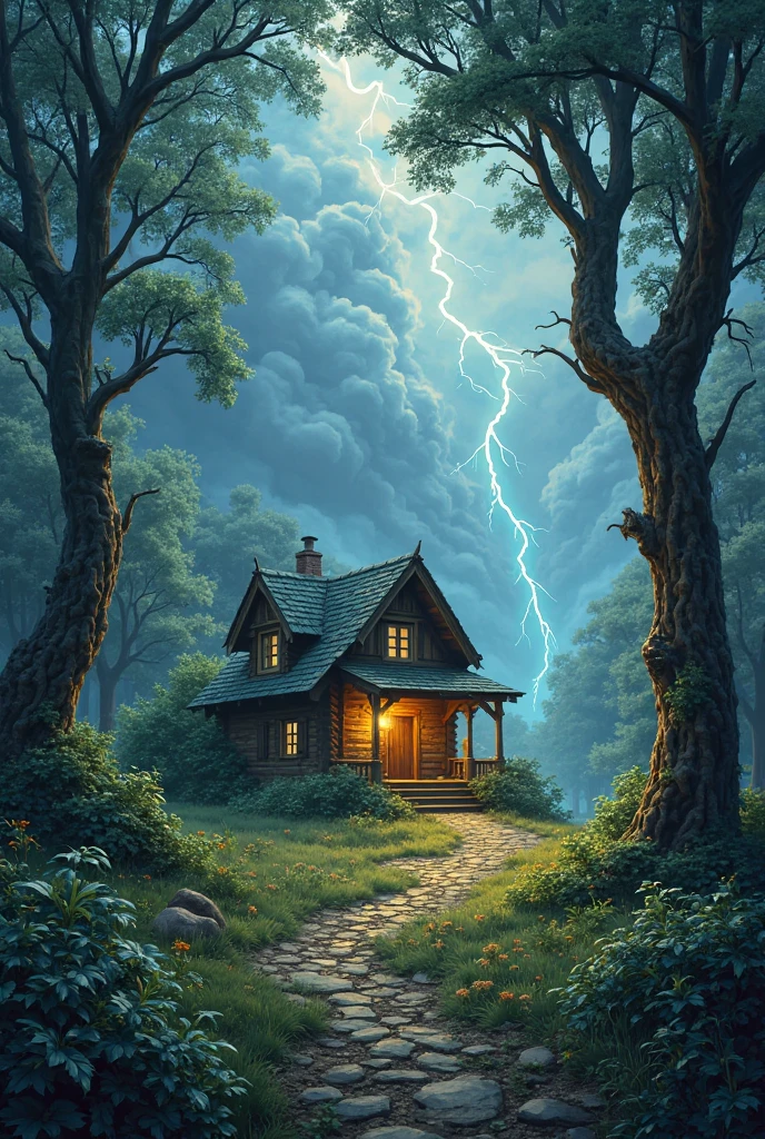 book cover, In the woods with a house and with clouds wind and lightning