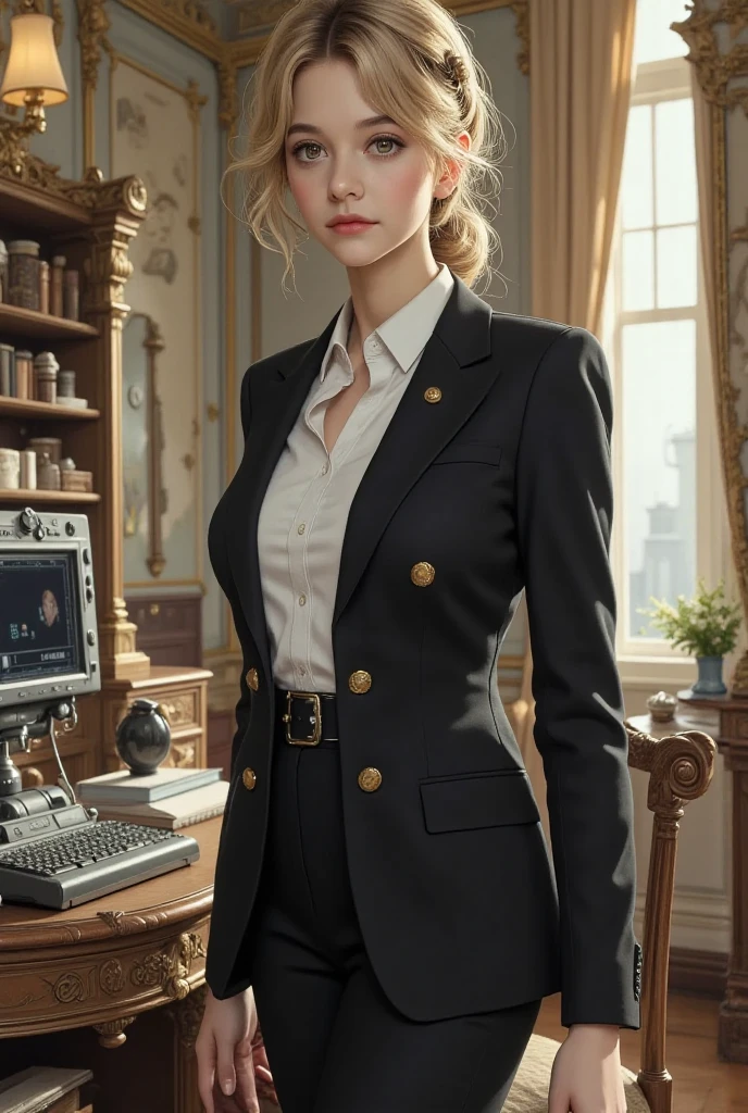 a beautiful cinematic sexy female,Fishtail braid,with bobbed blond and curly hair, dressed in a monochrome pantsuit with wide-leg trousers and a matching jacket,Tower of Babel,(detailed masterpiece intricate details award winning lots of details),film camera,Nostalgic lighting
