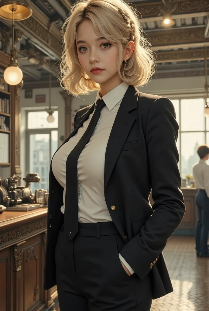 a beautiful cinematic  female,Fishtail braid,with bobbed blond and curly hair, dressed in a monochrome pantsuit with wide-leg trousers and a matching jacket,Tower of Babel,(detailed masterpiece intricate details award winning lots of details),film camera,Nostalgic lighting