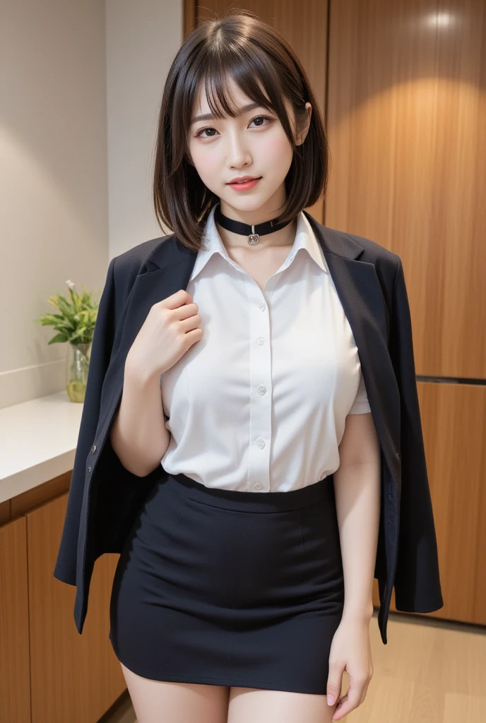 a 19 year old face of the most beautiful actress in the world, the perfect body proportions of a female, blazer is worn on formal shirt, panties between bare legs are seen thanks to skirt is too short, sitting on a chair of the city, pretty short hair cut for a female, formal outfit for a female, nsfw, best quality, highly detailed, masterpiece, ultra high res, photo realistic, 8k