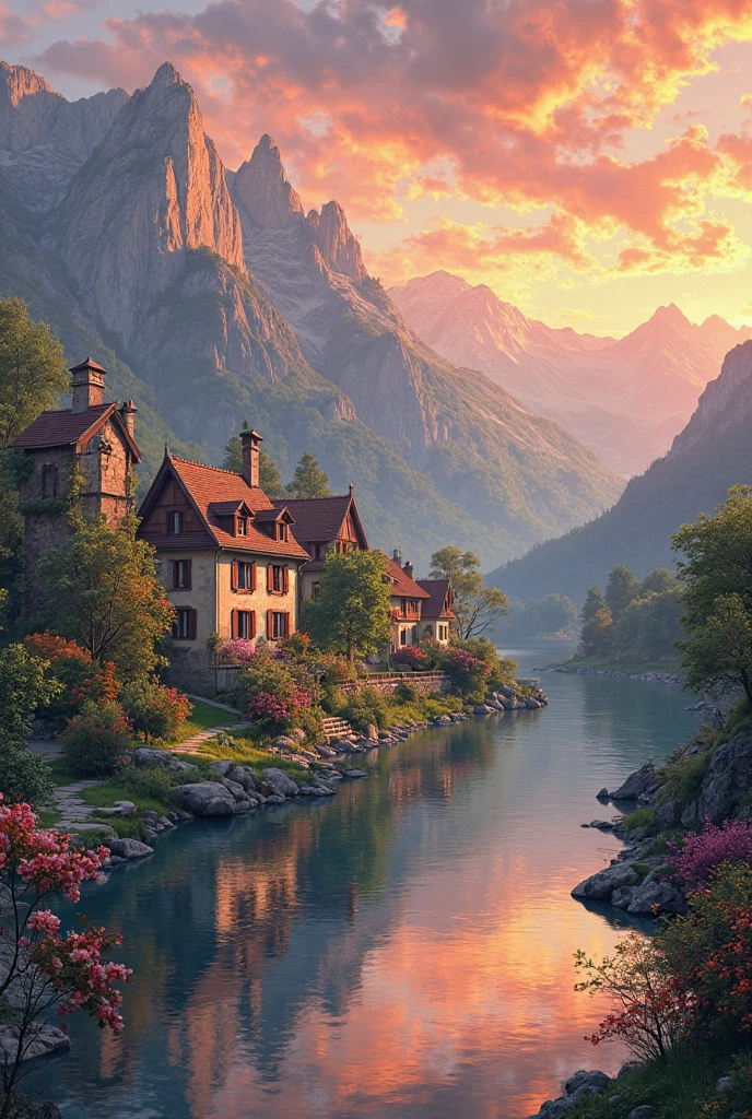 a small village by the river, mountains in the background, floral flowers colorful, detailed landscape, Beautiful natural landscapes, atmospheric lighting, scorching sunset, warm colours, practical, photopractical, Detailed Foliage, complex buildings, cobblestone street, Charming country house, swirly vibrant colors, lush vegetation, Still water reflections, Picturesque, idyllic, work of art, best qualityer, 8k, extremely detaild,anime styling