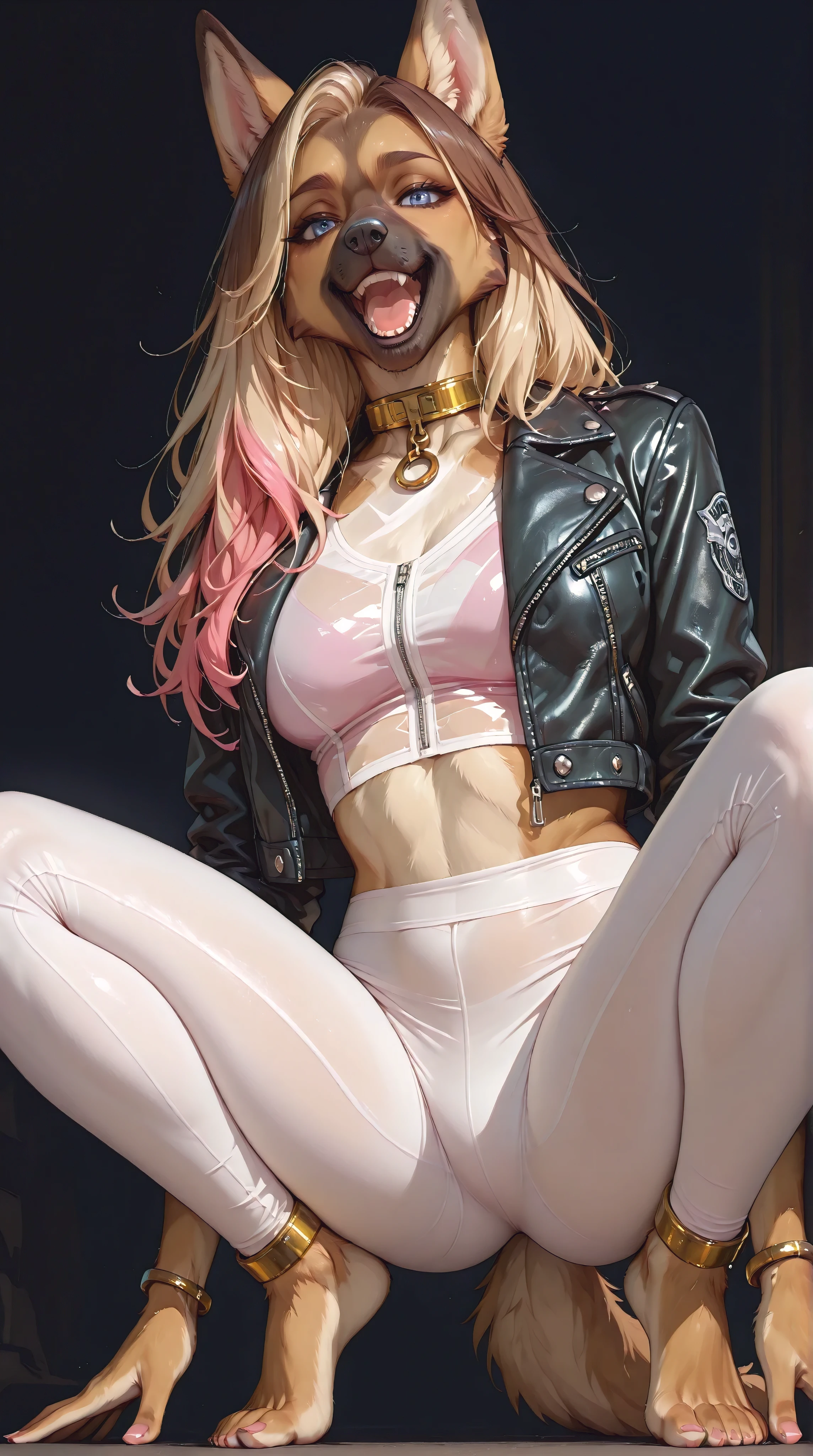 best quality, anthro german shepherd, solo, female furry, dark-brown-bright pink dyed hair, blonde hair, long hair, blue eyes, open mouth, cropped open leather jacket, full body view, golden bracelets, golden collar, dark background, perfect teeth, golden anklets, white leggings, focus on lower body, low angle, front view squatting, spreading legs, looking at viewer, transparent white crop top, no shoes