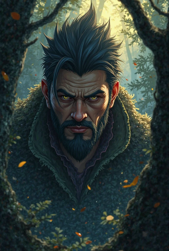 I would like the hunter's face to appear and to be made in an anime gible and for him to be hunting in a dark forest with few rays of the sun 