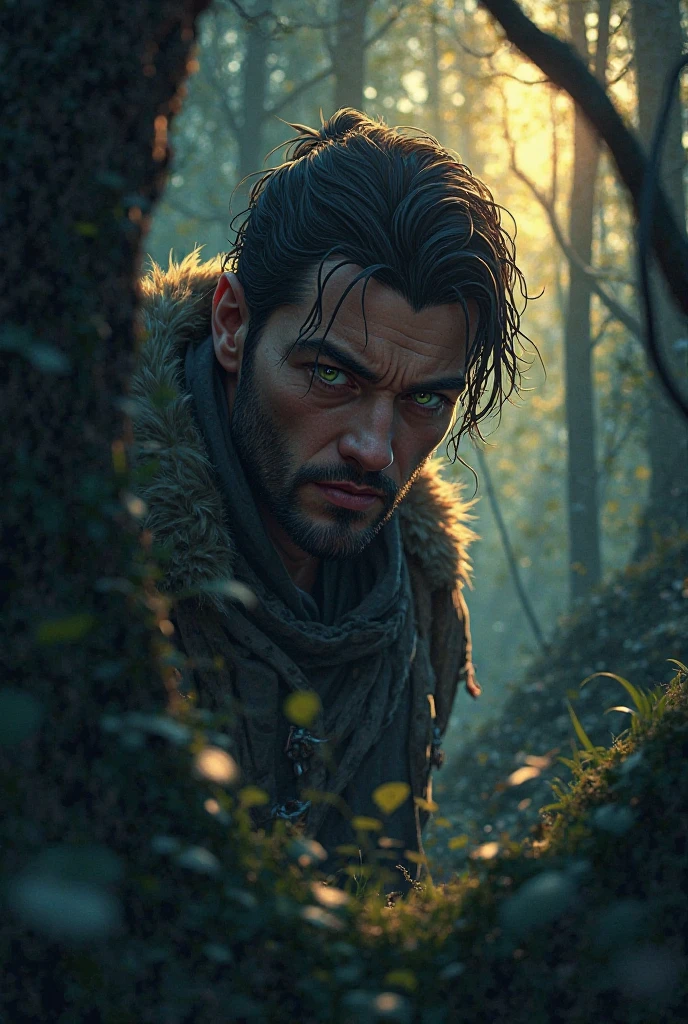 I would like the hunter's face to appear and to be made in an anime gible and for him to be hunting in a dark forest with few rays of the sun 