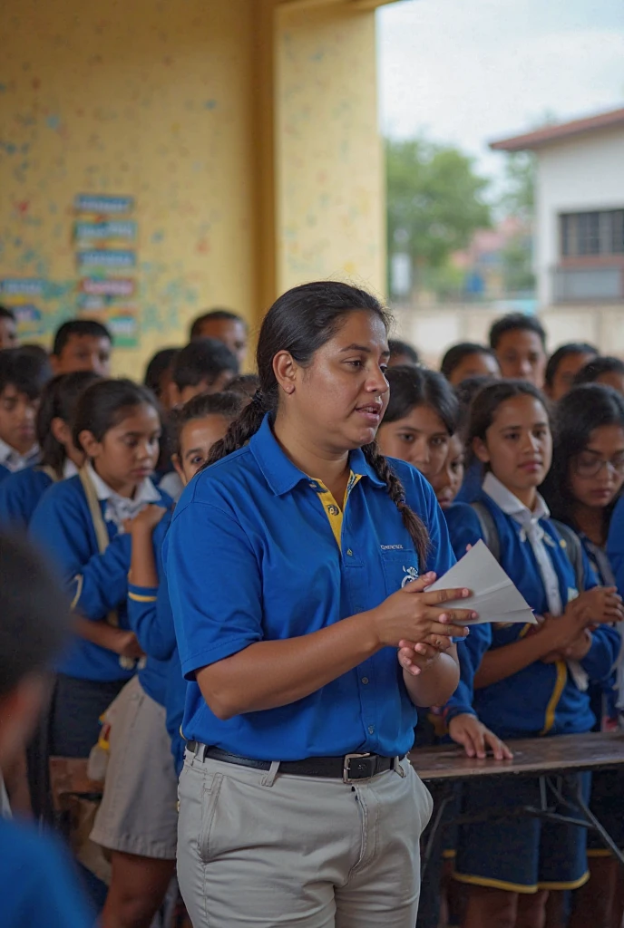 Group of happy 8-year-old boys and girls from the middle social class with Latin American features receiving English classes in a large classroom learning from their teacher with 1080 x 1080 pixels