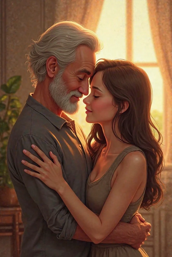 An elderly man embracing a young woman from behind in a tender and affectionate manner. The elderly man has white hair and a gentle expression, showing love and warmth. The young woman, with long hair, smiles softly, radiating a sense of comfort and security. The background is a serene outdoor setting with soft natural light, enhancing the emotional connection between them.