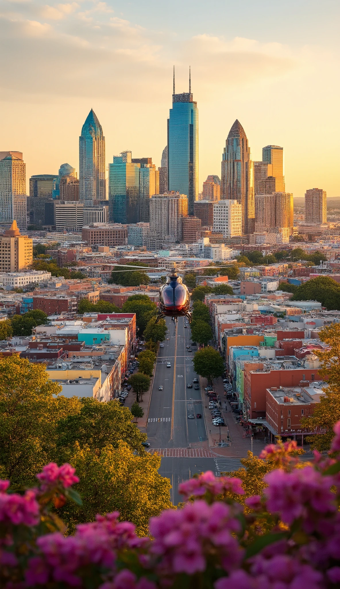 in a high-definition image with a helicopter、Colorful Skyscrapers in Charlotte, North Carolina、Streetscape with colorful buildings、A cityscape in the season of flowers、Hi-def stills、Aerial photography、Looking at the center of the city from an angle。