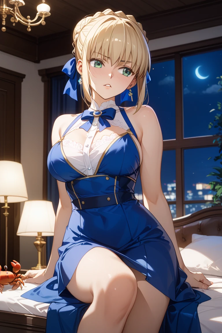 1woman,super beautiful,Sit on a Japanese chair,at night,half body photo,Beautiful eyes, very detailed face,cute,,HD face, perfect face, blue kimono,short kimono, cleavage visible,Very big breasts,big breast,Blue flowers on the head,Blonde hair,bangs,blue eyes,hair in bun,one bun,Hair in a bun,ultra detail,ultra Hd, masterpiece,4k