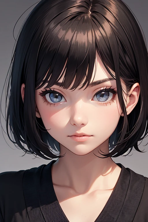 detailed eyes ,huge breasts , short hairstyle , portrait , white t-shirt , black background , black hair , smile , black eyes