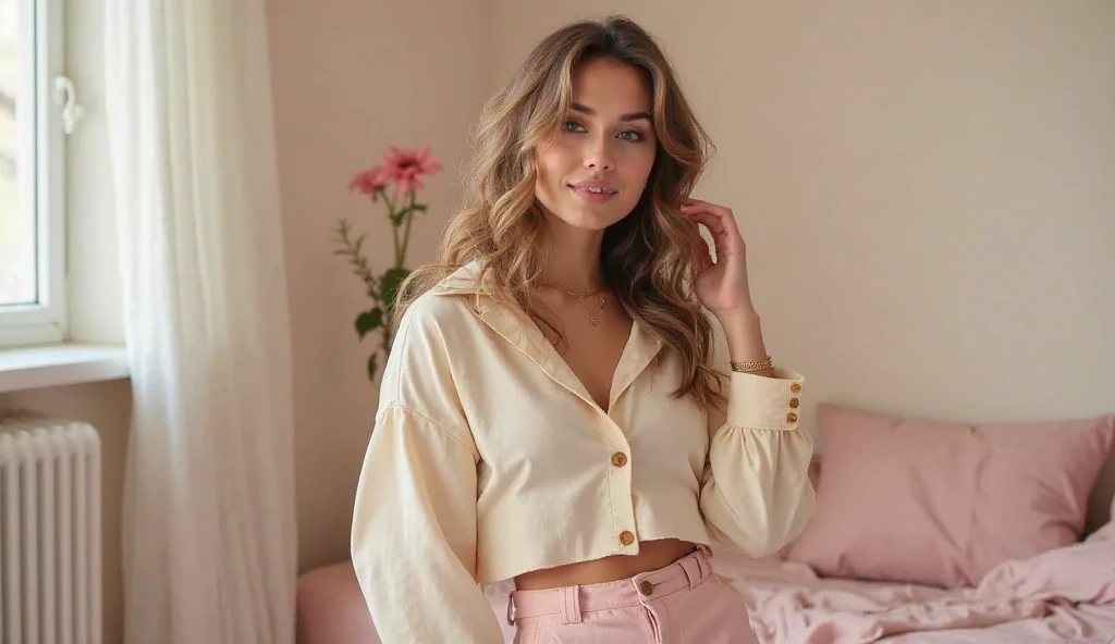 young European brunette. A stylish fashion model named Maia Laurent, sitting in her chic Parisian apartment in the morning, savoring a cup of coffee. She is dressed in a trendy, elegant outfit suitable for a relaxing morning at home. The scene is bright and cheerful, with natural morning light filtering through large windows, casting a warm glow. In the background, you can see a tastefully decorated living room with Parisian decor and furniture. Maia has a relaxed and happy expression, capturing the essence of a perfect Parisian morning at home.