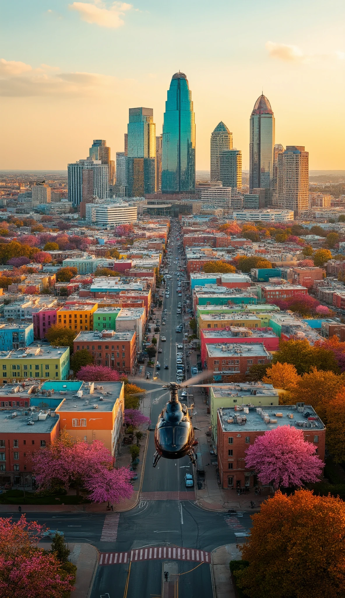 in a high-definition image with a helicopter、Colorful Skyscrapers in Charlotte, North Carolina、Streetscape with colorful buildings、A cityscape in the season of flowers、Hi-def stills、Aerial photography、Looking at the center of the city from an angle。