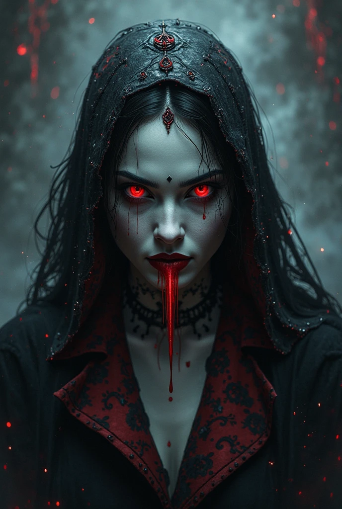 a close up of a woman with blood on her face, with red glowing eyes, with glowing red eyes, vampire girl, fantasy horror art, gothic fantasy art, with red eyes, dark fantasy horror art, horror fantasy art, gothic maiden anime girl, beautiful vampire queen, red glowing eyes, with a red eyes, artwork in the style of guweiz