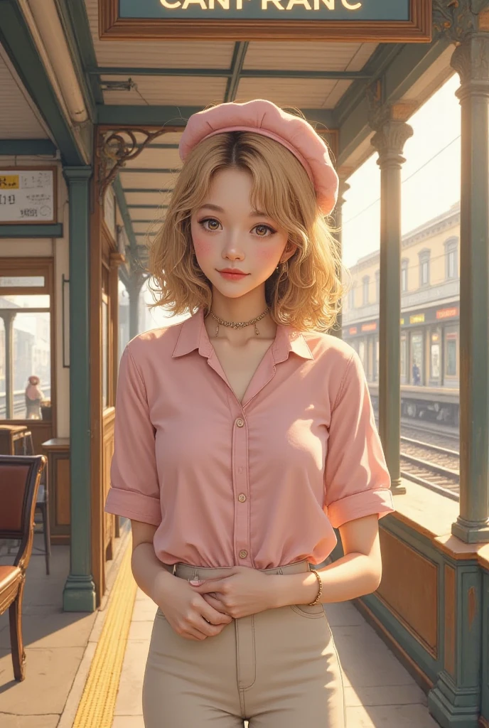 Painting a woman al, soft morning sun, beautiful woman smiling with morning sun on her face, with bobbed blond and curly hair,  wearing a pink beret ,  with beige pants ,  at a train station where you can read on a CANFRANC sign.  The woman has a note where you can read  " FREE HUGS". She is smiling brightly 