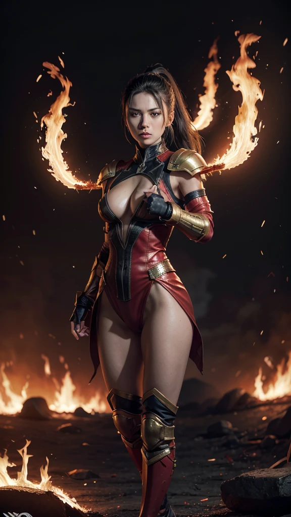 A Mortal Kombat-style warrior, athletic and sensual body, with dark red costume with gold details, light armor on shoulders and legs, Eyes glowing in flames, long hair tied in a flaming ponytail, confident and lethal posture, wrapped in fire energy, hellish backdrop with lava and embers, style photo effects, dramatic lighting, 8K, Digital cinematographic art.

