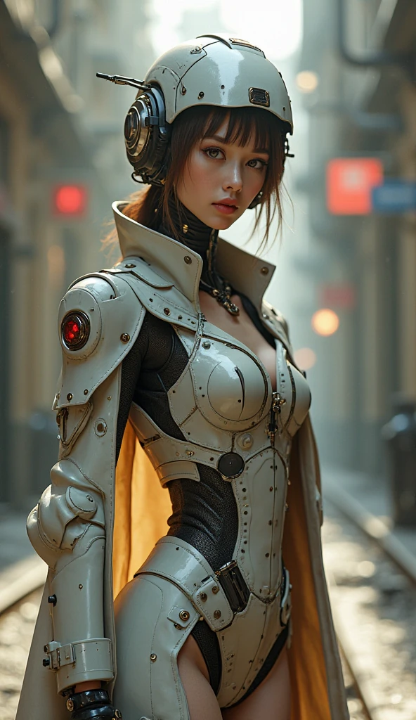 (((epic and visually stunning digital anime masterpiece:1.5))), elegant feminine military mechanical ((robot)) soldier:1.7, wearing a sleek, ornate military trench coat:1.6, with a delicate, androgynous silhouette, slim waist, graceful limbs, and refined curves:1.6, (((tactical robot knight helmet with optical sensors:1.9))), built-in exoskeleton coat over a sensual, sleek armor-plated undersuit with exposed waist and thighs:1.6, ((brass and leather materials, engraved gothic sci-fi design:1.8))), (((soft expression, poised posture, fine features))), looking at viewer, ((depth of field, cinematic lighting, chromatic aberration, ray tracing, UHD, masterpiece, highres, 8k))), ((dieselpunk:1.4, decopunk:1.4, artificial elegance))