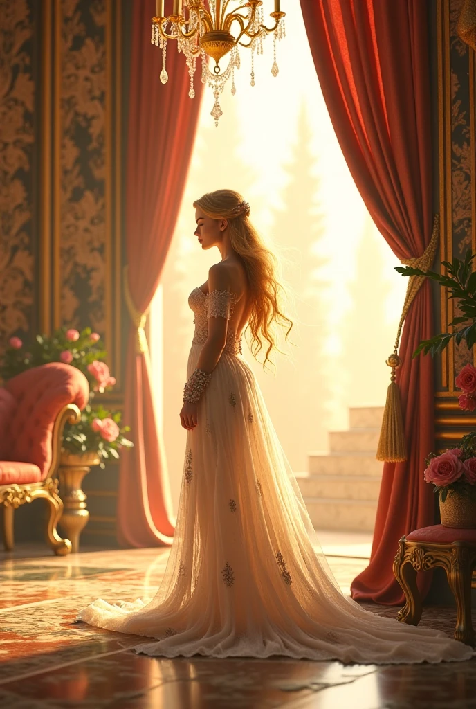 Create a blonde elf in a palace enjoying the noble life