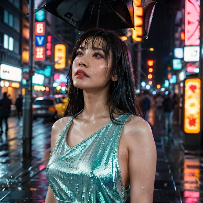 Prompt: "A rainy cyberpunk street in a dystopian future city, with neon signs in pink, blue, and yellow casting reflections on the wet pavement. A japanese female replicant with a synthetic yet human-like beauty stands under a neon sign, wearing a sparkly silver mini dress, her hair in a voluminous 1980s perm. She looks up at the sky with a longing expression, rain dripping down her face."