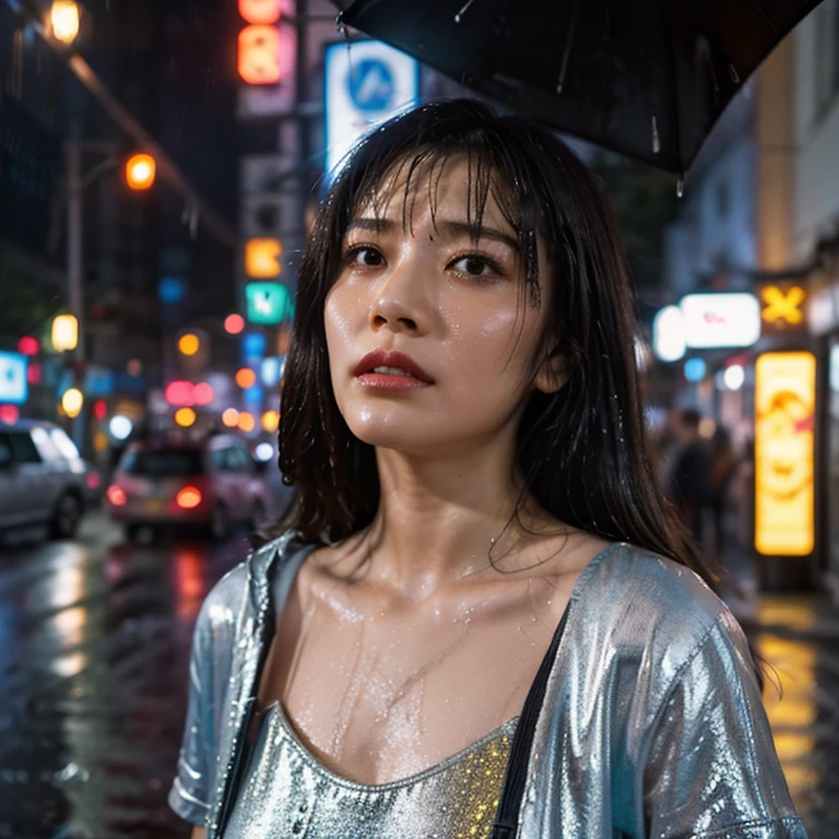 Prompt: "A rainy cyberpunk street in a dystopian future city, with neon signs in pink, blue, and yellow casting reflections on the wet pavement. A japanese female replicant with a synthetic yet human-like beauty stands under a neon sign, wearing a sparkly silver mini dress, her hair in a voluminous 1980s perm. She looks up at the sky with a longing expression, rain dripping down her face."