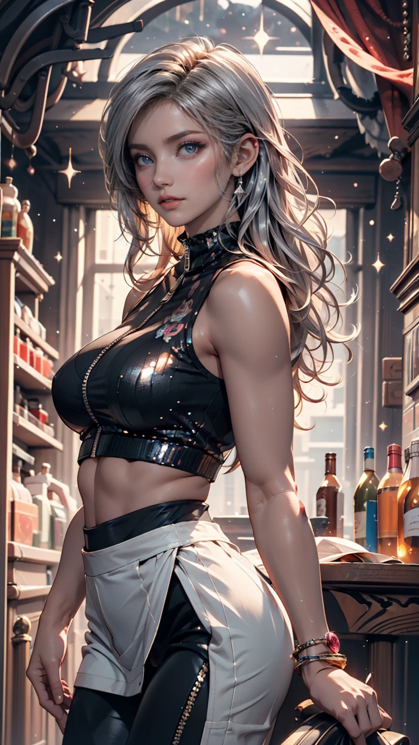 masterpiece, top quality, illustrations, ultra detail, finey detail, high resolution,  8k Wallpaper, perfect dynamic composition, beautiful detailed eyes,  natural lips, sequin high neck zipper up top , sequin yoga pants、sequin pin heels、Big Breasts,silver accessories on the wrist、constricted waist、 Silver Hair、full body photo